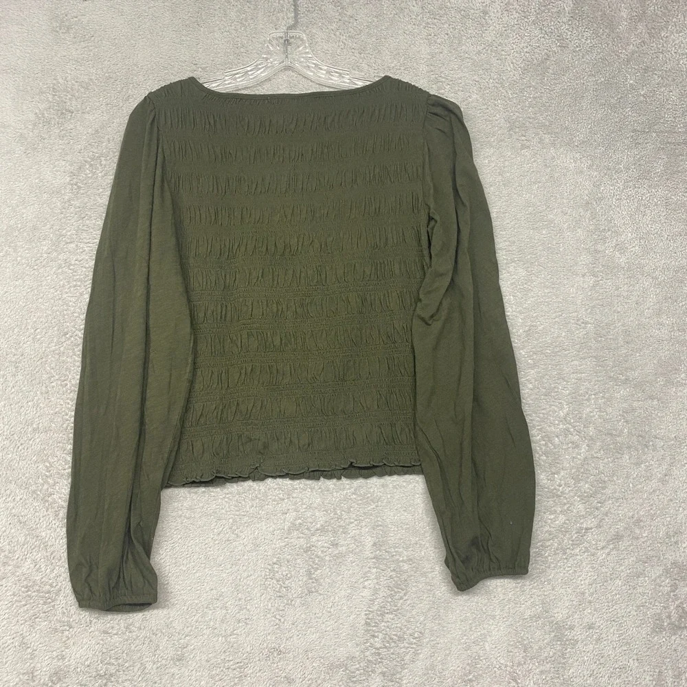 Madewell Shirt Large Smocked Boatneck Top Olive Green Puff Sleeve NY504